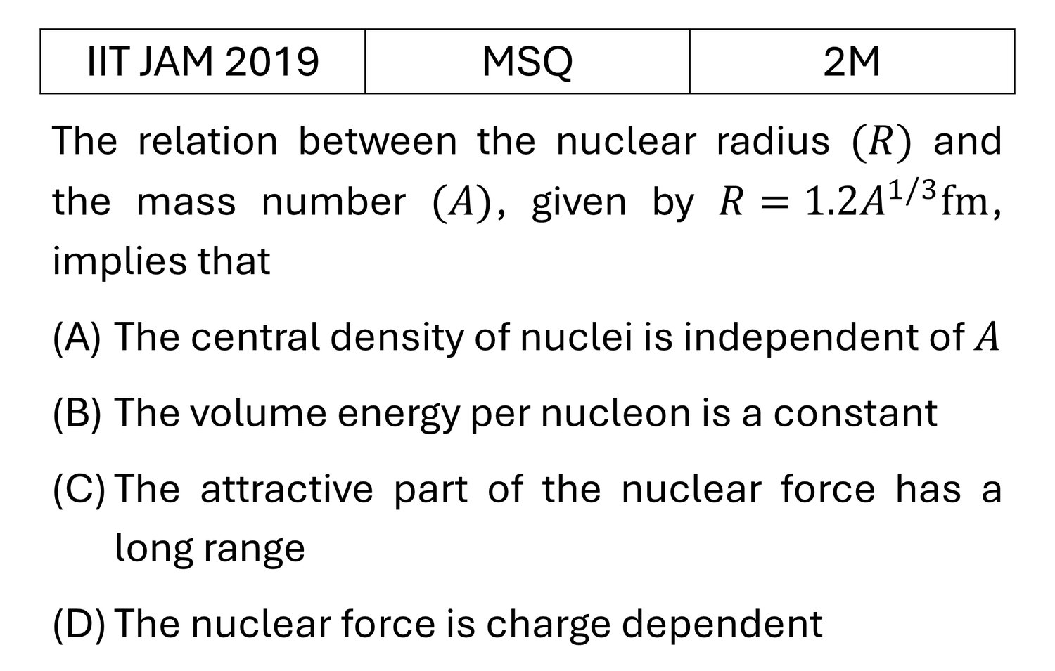 IIT JAM 2019 Nuclear Physics previous year question IIT_JAM_2019_Q31