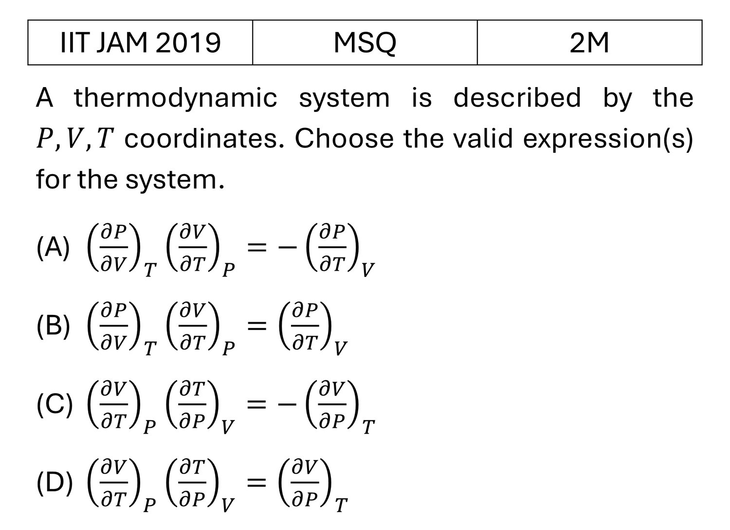 IIT JAM 2019 Thermodynamic potential and Maxwell relations previous year question IIT_JAM_2019_Q34