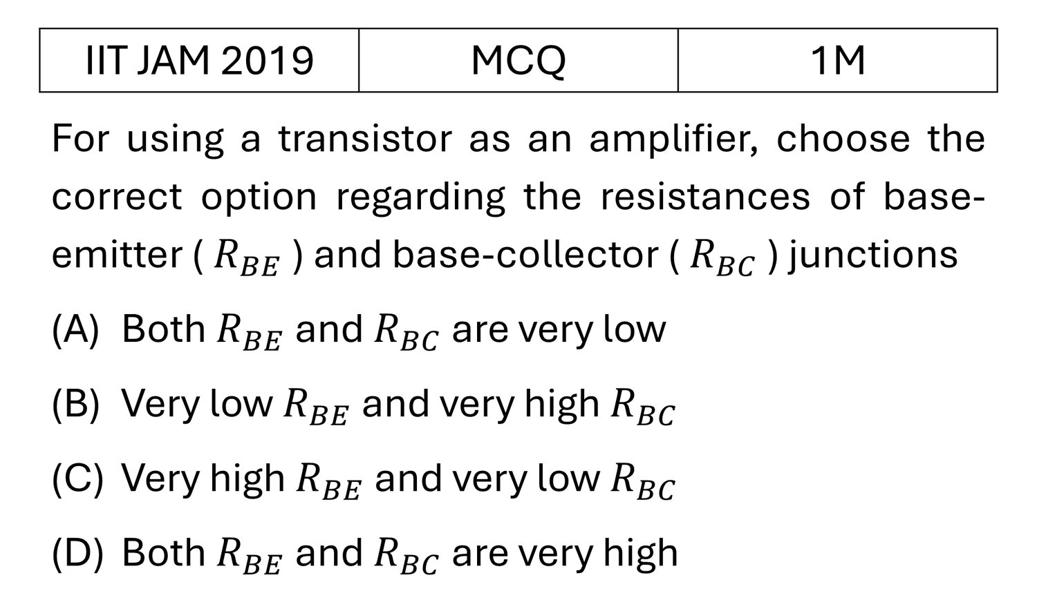 IIT JAM 2019 Transistors previous year question IIT_JAM_2019_Q9