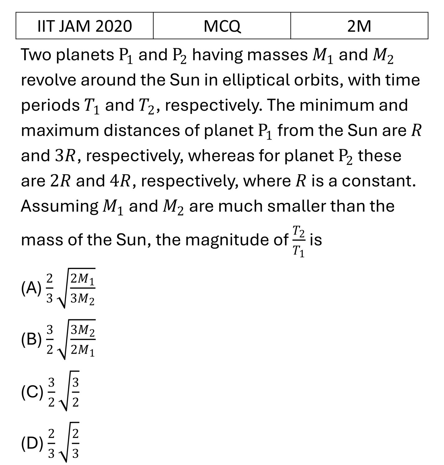 IIT JAM 2020 Central forces and gravitation previous year question IIT_JAM_2020_Q16