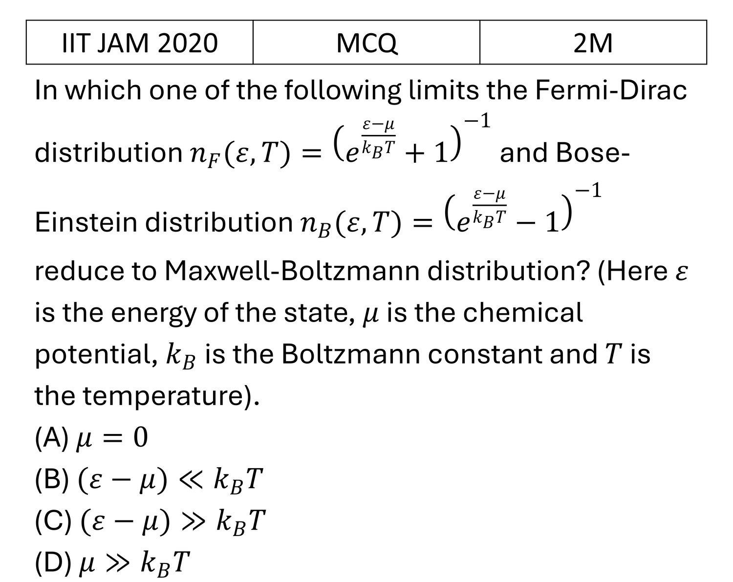 IIT JAM 2020 Quantum Stat. Mech. previous year question IIT_JAM_2020_Q22