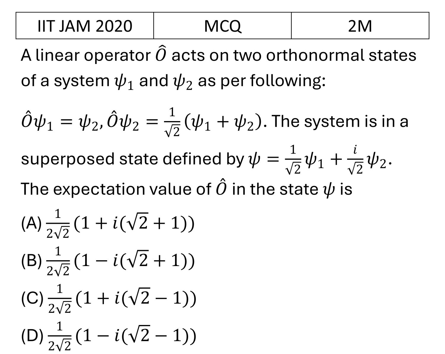 IIT JAM 2020 Basic Quantum Mechanics previous year question IIT_JAM_2020_Q26