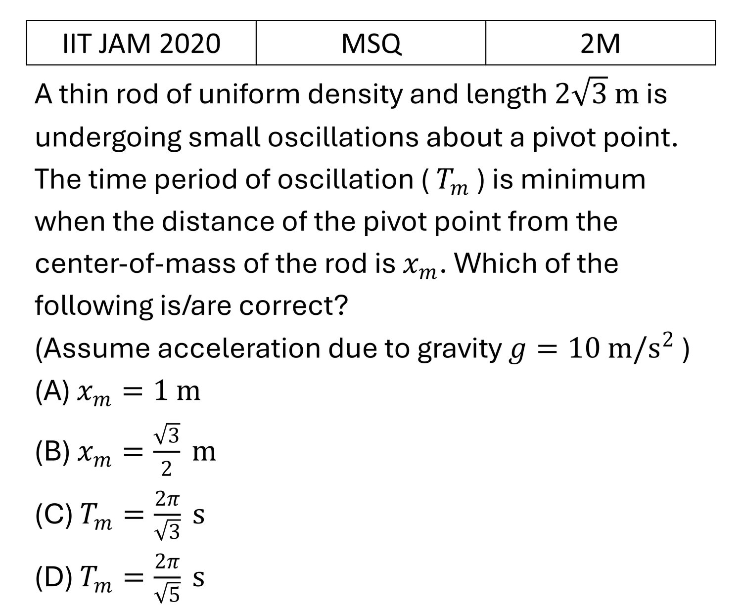 IIT JAM 2020 SHM previous year question IIT_JAM_2020_Q33