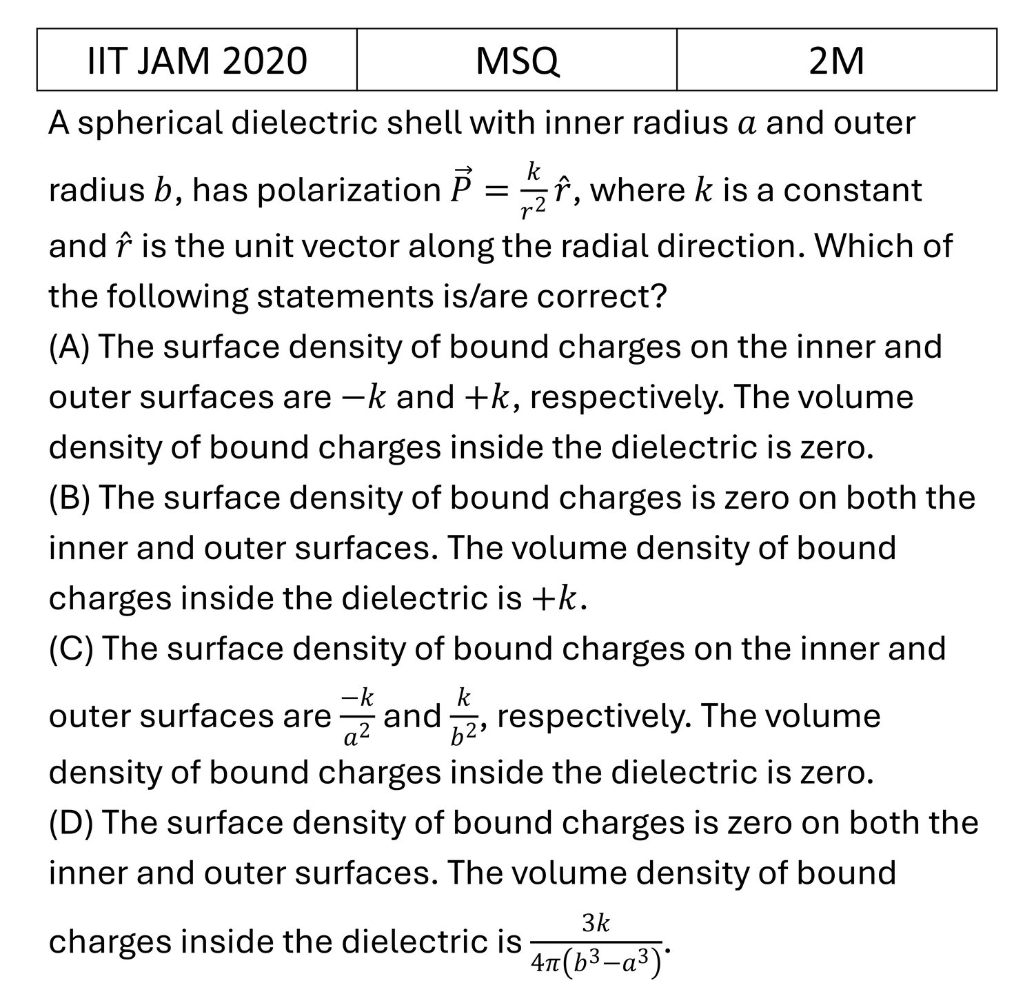 IIT JAM 2020 Electric filed in matter previous year question IIT_JAM_2020_Q37