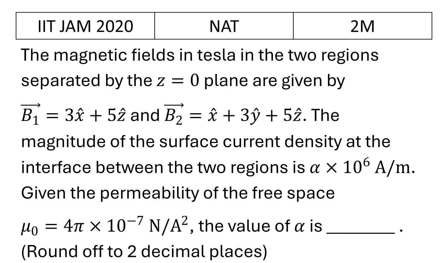 IIT JAM 2020 Magnetostatics previous year question IIT_JAM_2020_Q56