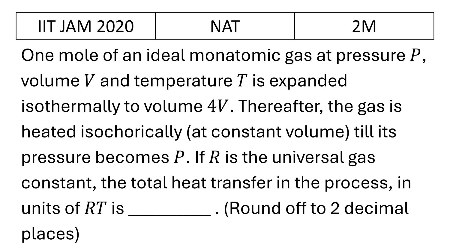IIT JAM 2020 Laws of thermodynamics previous year question IIT_JAM_2020_Q58