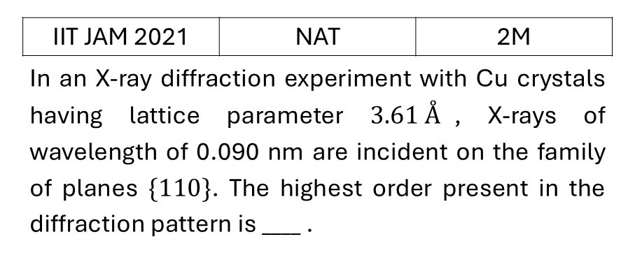 IIT JAM 2021 Xray diffraction previous year question IIT_JAM_2021_Q58