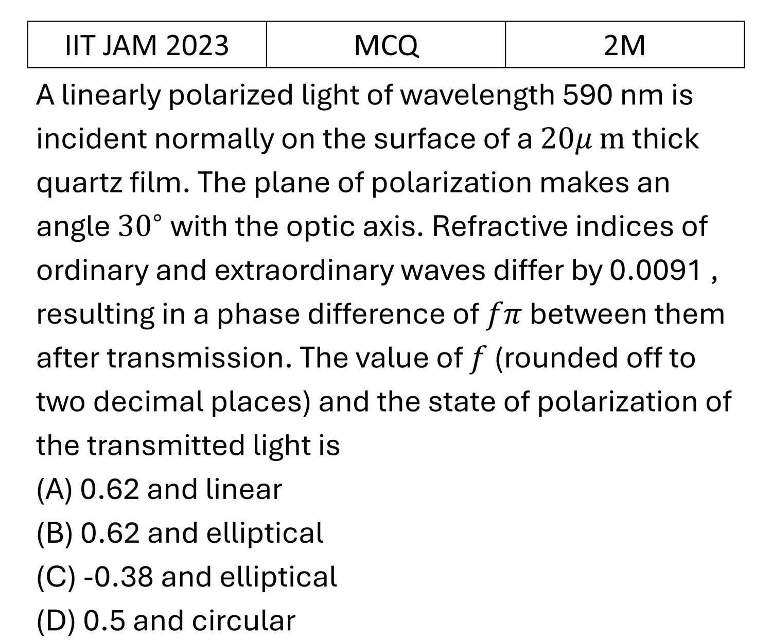 IIT JAM 2023 Polarization previous year question IIT_JAM_2023_Q18