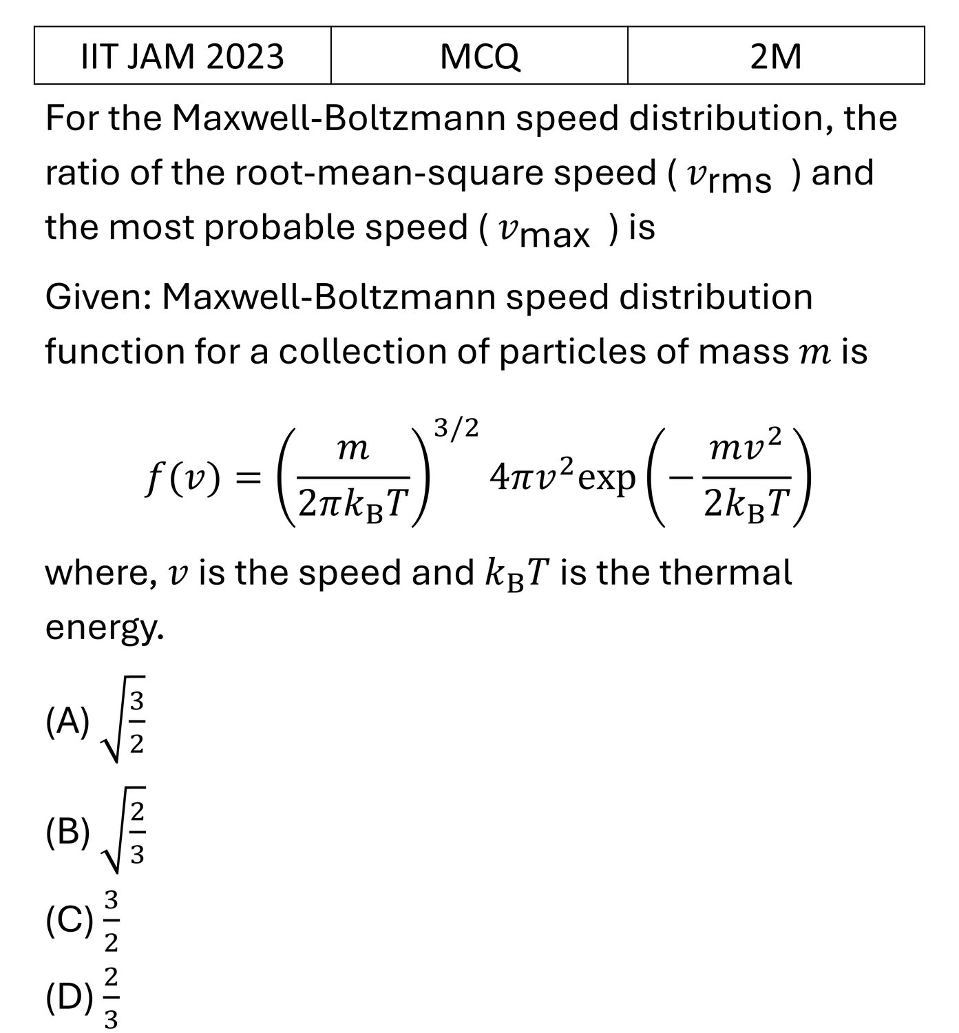 IIT JAM 2023 Kinetic theory of gases previous year question IIT_JAM_2023_Q28