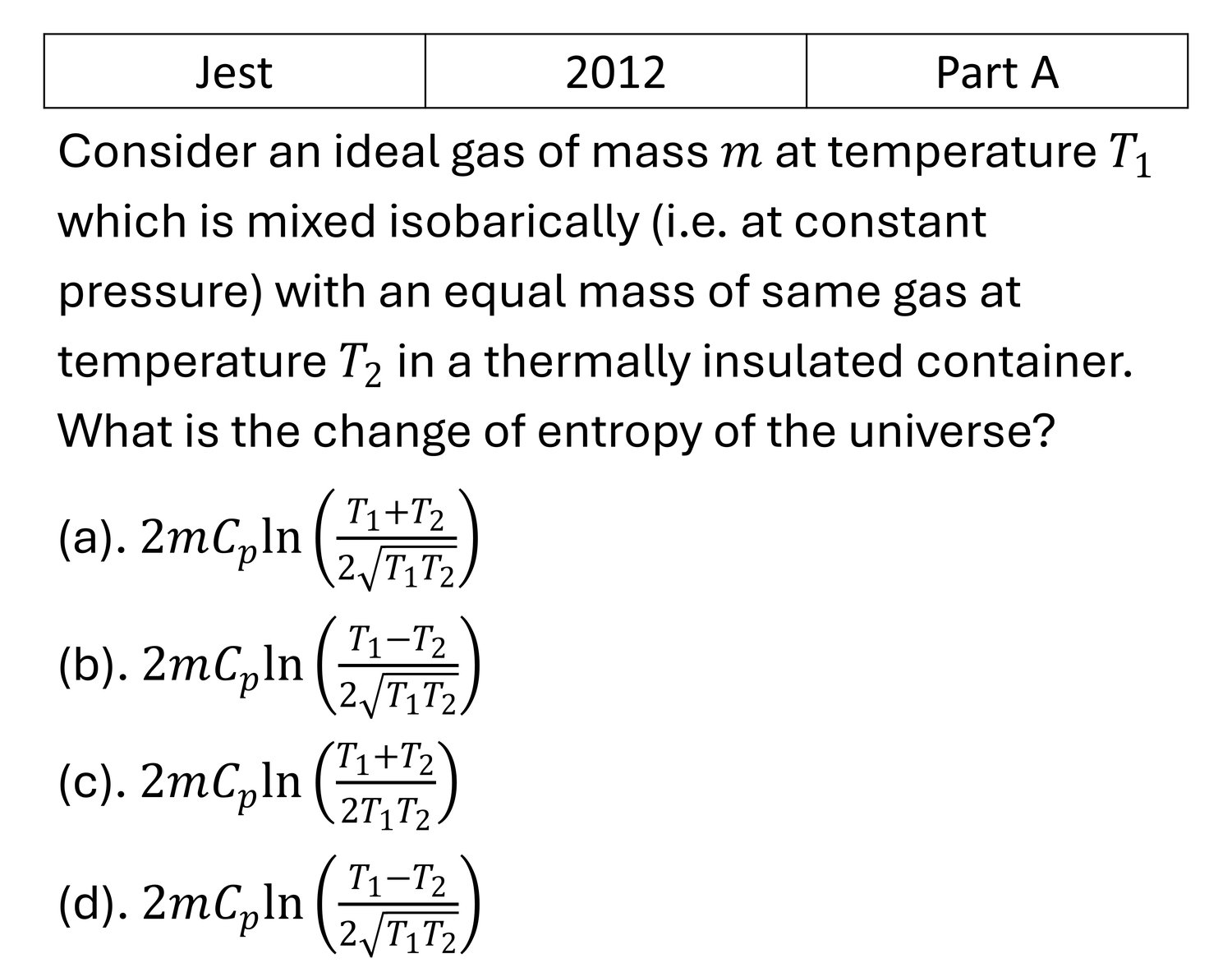 JEST 2012 Laws of thermodynamics previous year question JEST_2012_Q12