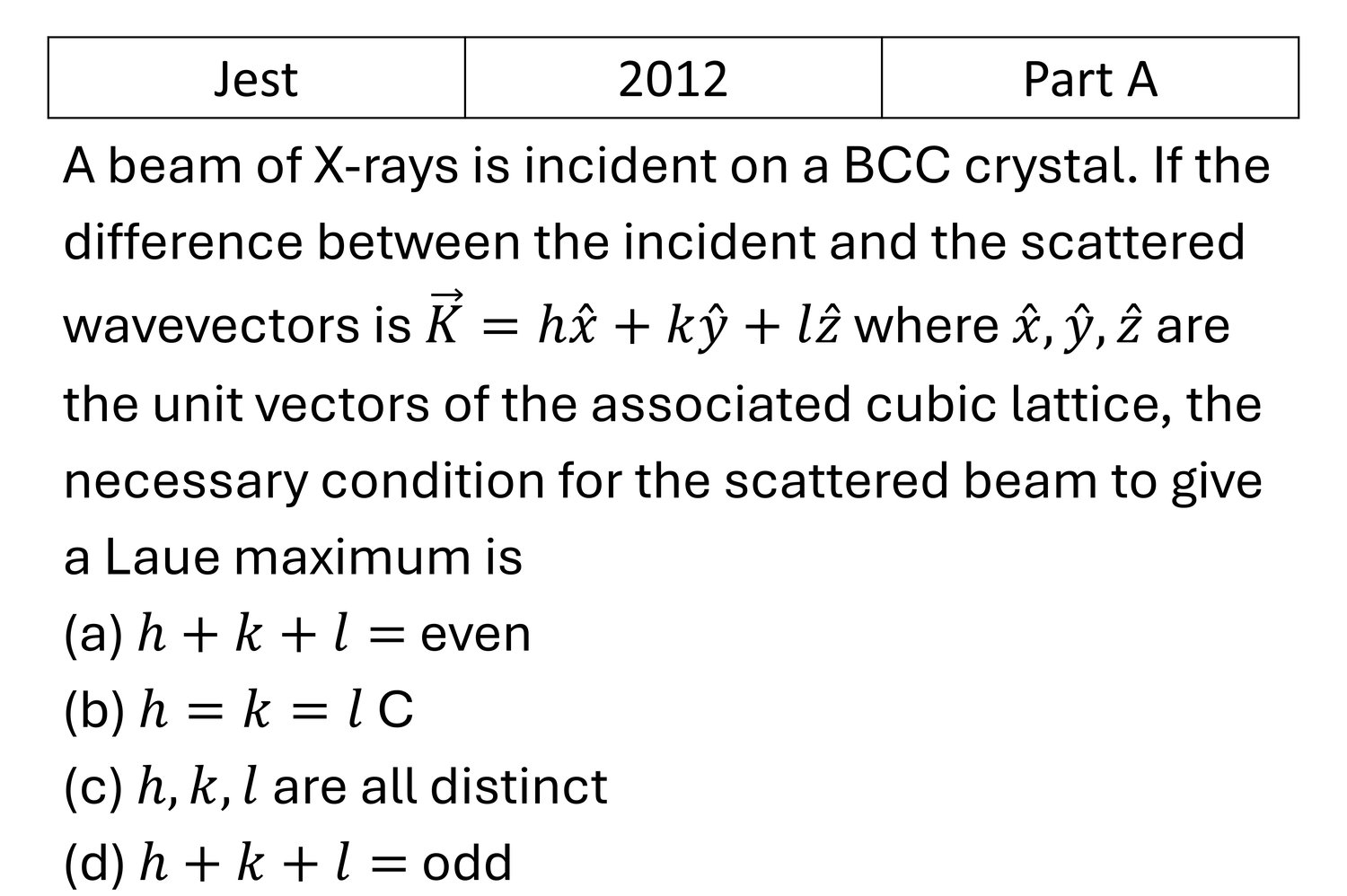 JEST 2012 Xray diffraction previous year question JEST_2012_Q25