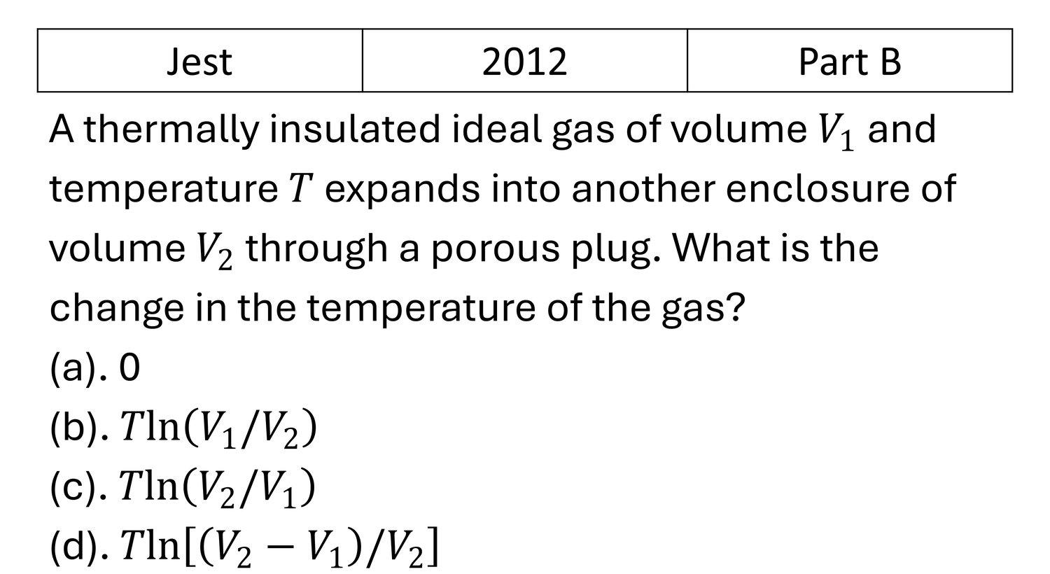 JEST 2012 Laws of thermodynamics previous year question JEST_2012_Q30