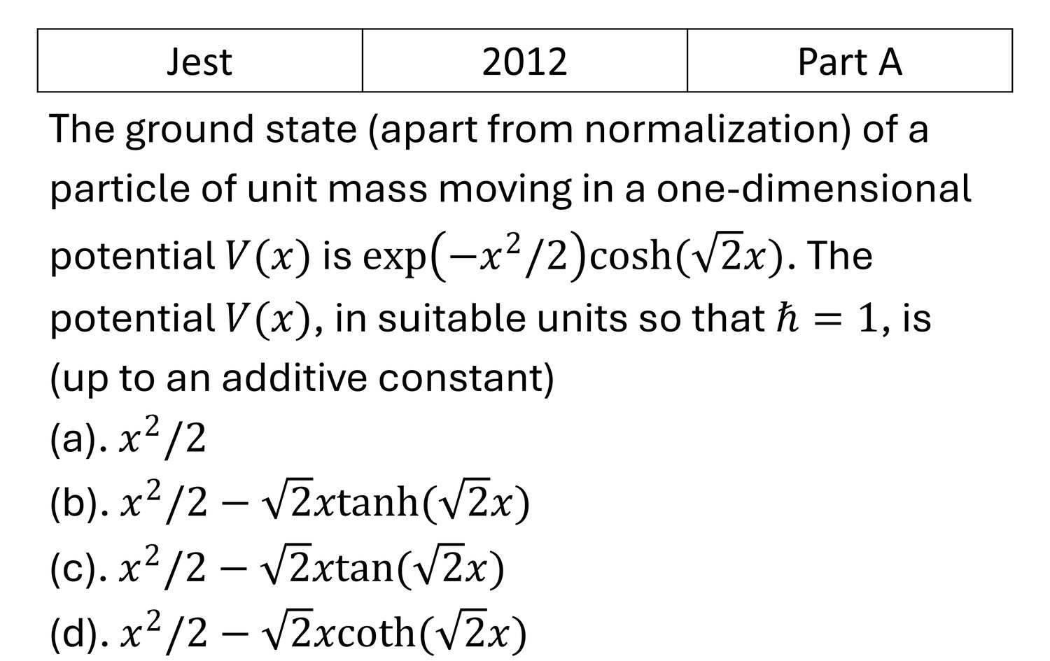 JEST 2012 Basic Quantum Mechanics previous year question JEST_2012_Q4
