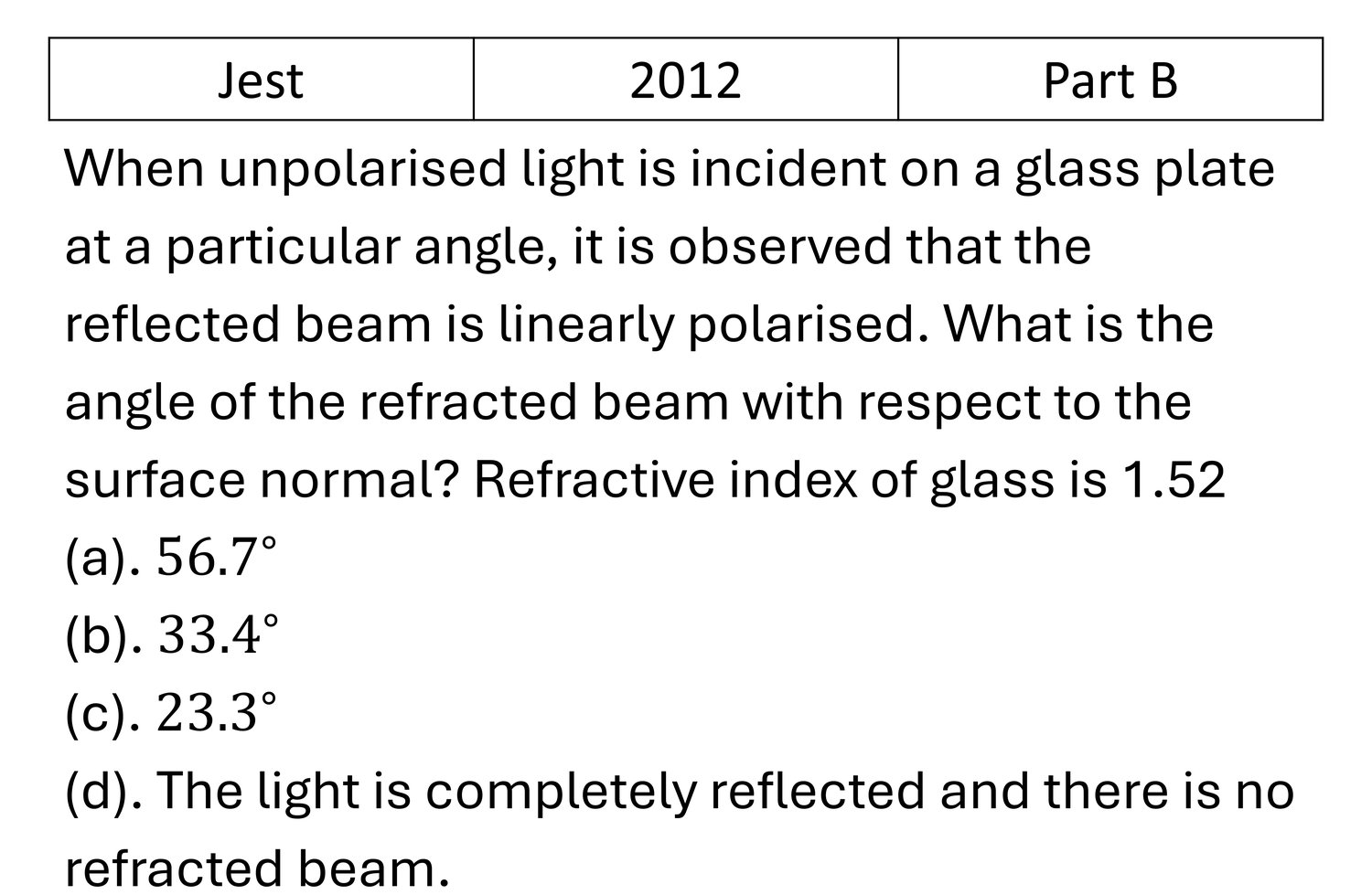 JEST 2012 Polarization previous year question JEST_2012_Q42
