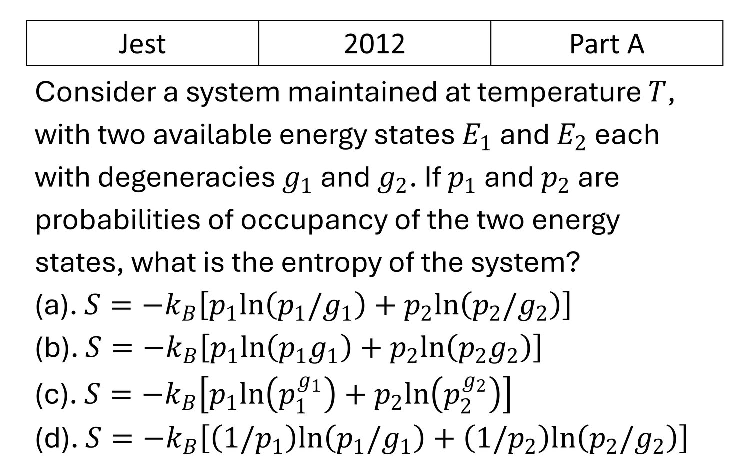JEST 2012 Canonical Ensemble previous year question JEST_2012_Q9