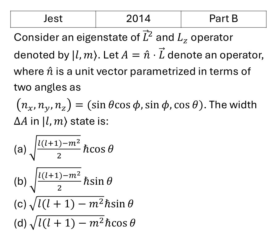 JEST 2014 Angular momentum and hydrogen atom previous year question JEST_2014_Q37
