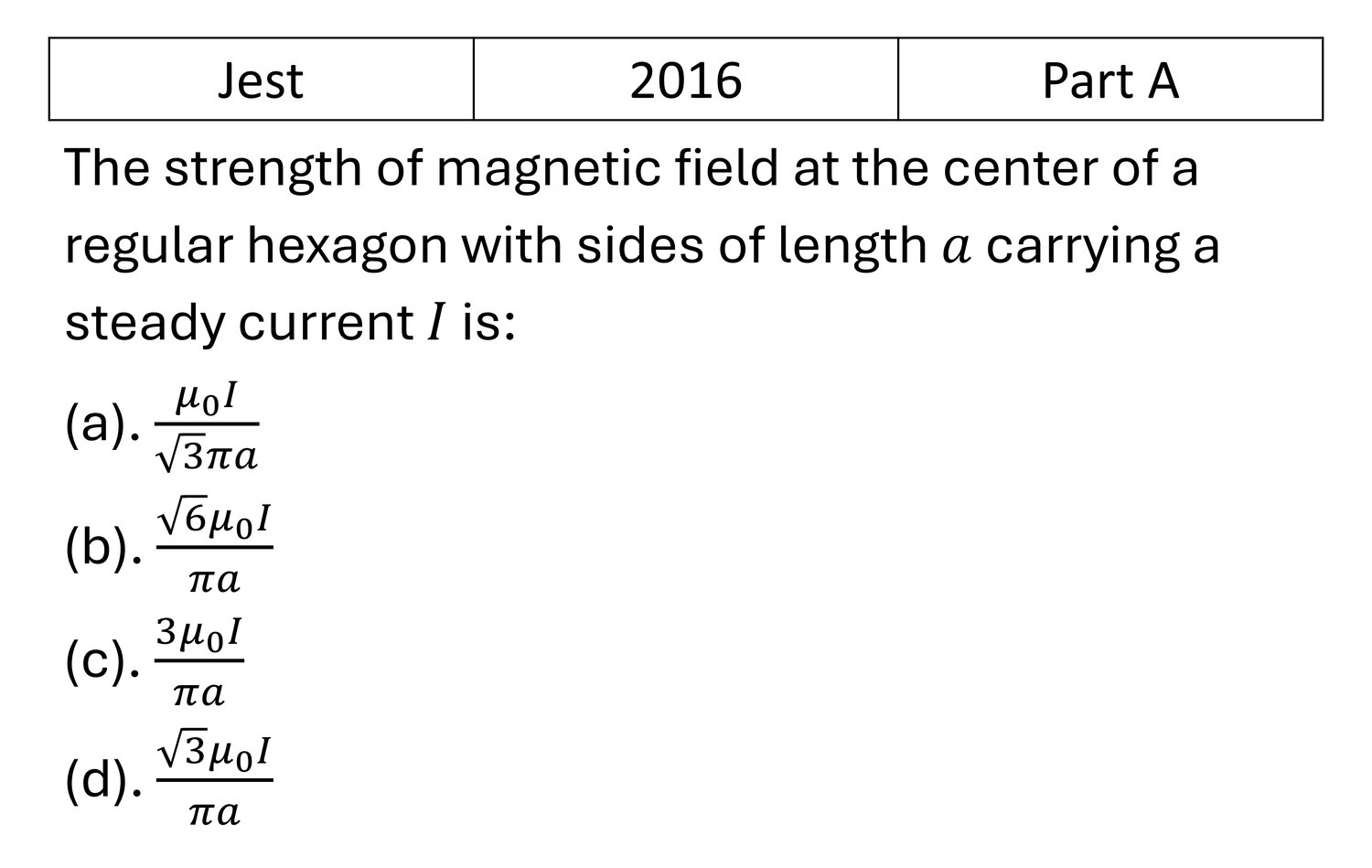 JEST 2016 Magnetostatics previous year question JEST_2016_Q11