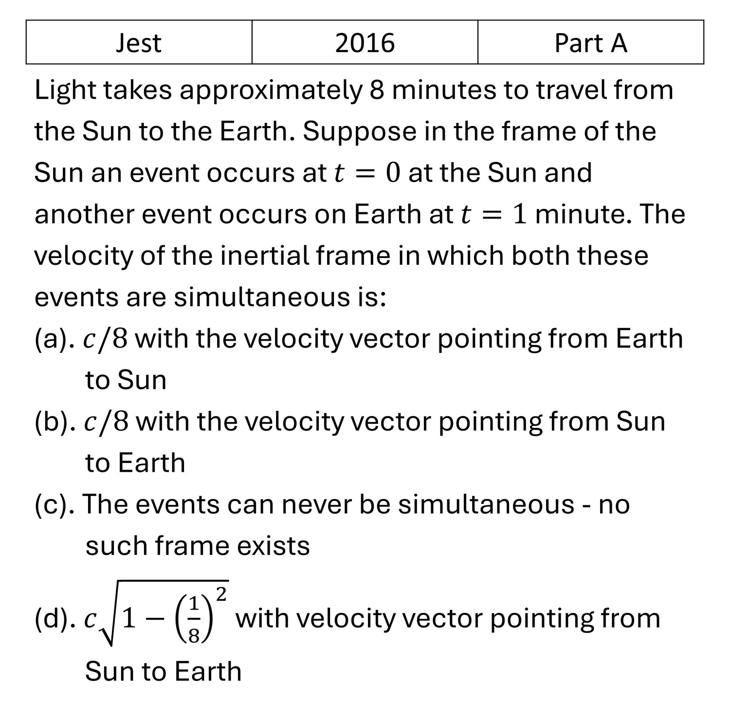 JEST 2016 Relativity previous year question JEST_2016_Q13