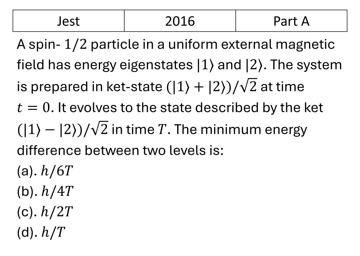 JEST 2016 Basic Quantum Mechanics previous year question JEST_2016_Q15