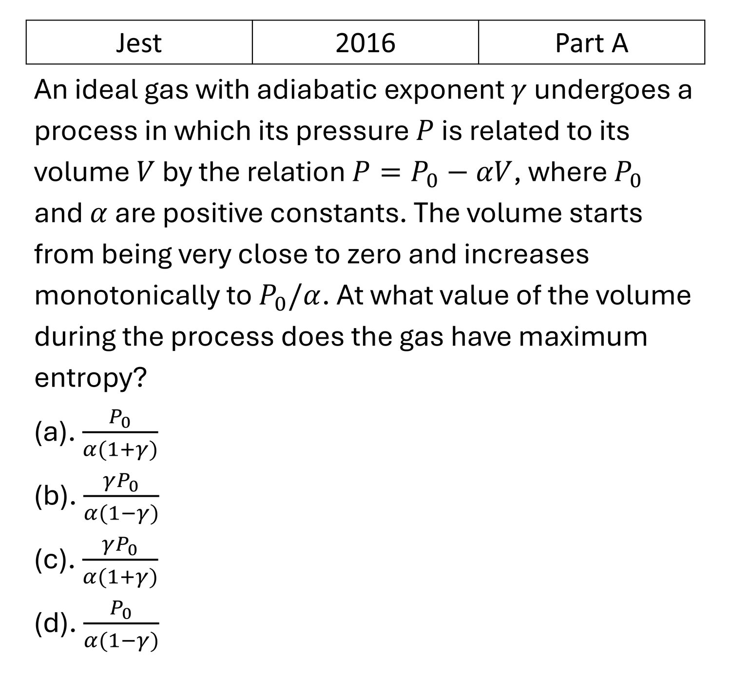 JEST 2016 Laws of thermodynamics previous year question JEST_2016_Q2