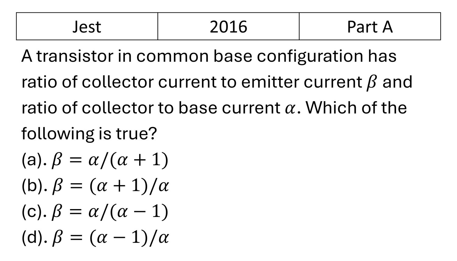 JEST 2016 Transistors previous year question JEST_2016_Q21
