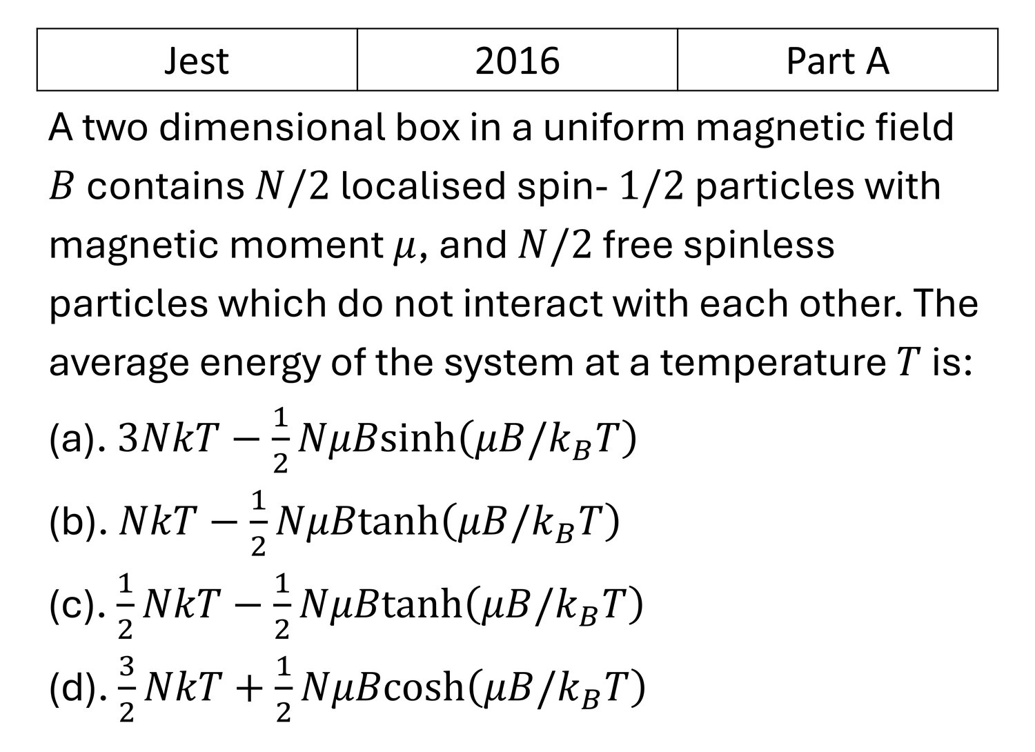 JEST 2016 Canonical Ensemble previous year question JEST_2016_Q24
