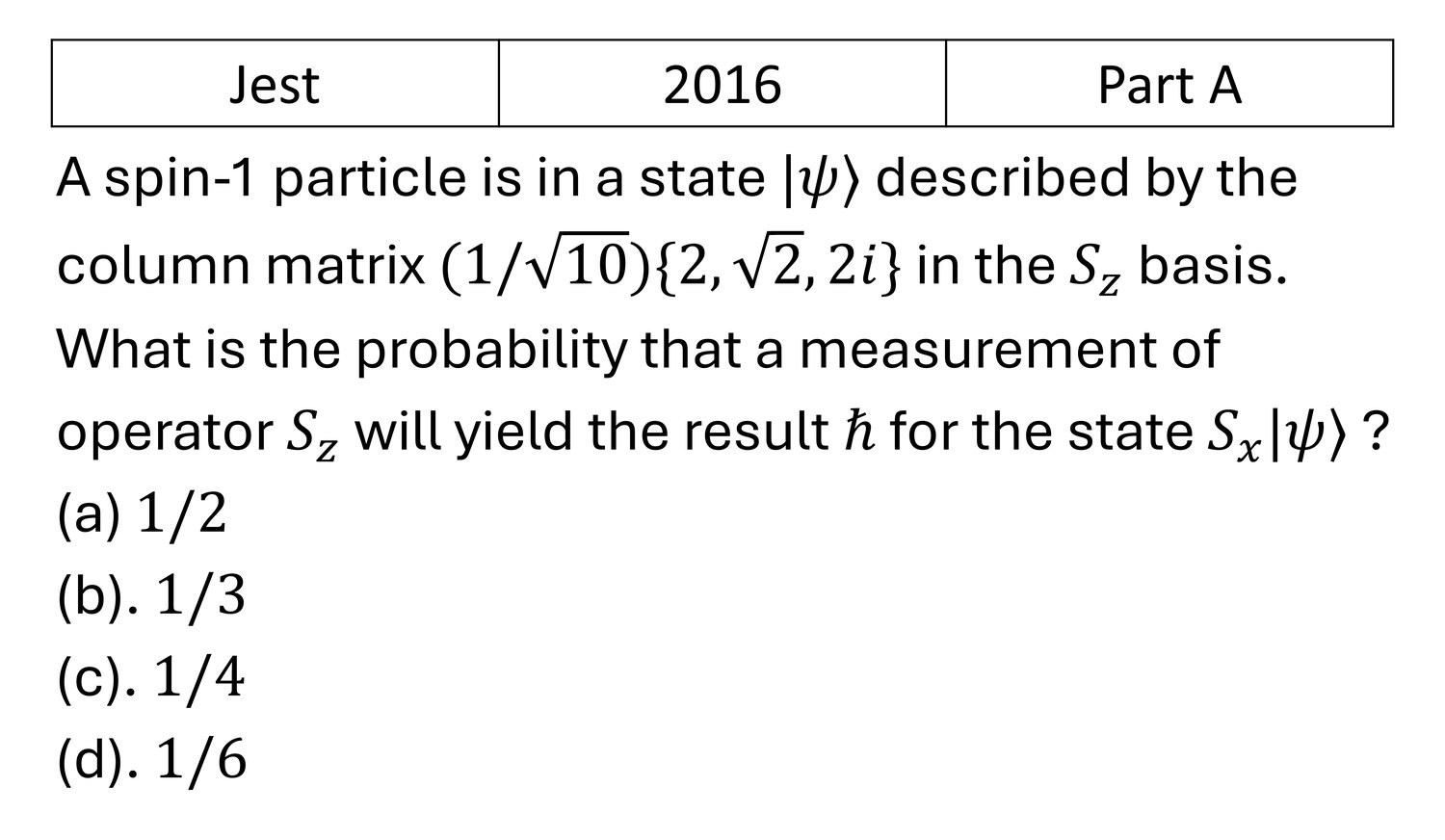 JEST 2016 Angular momentum and hydrogen atom previous year question JEST_2016_Q6