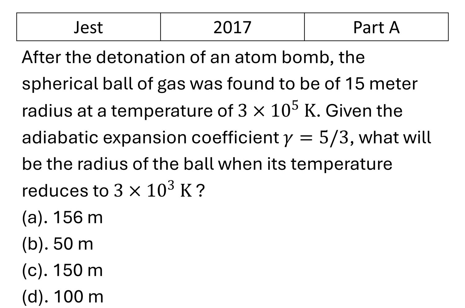 JEST 2017 Laws of thermodynamics previous year question JEST_2017_Q4