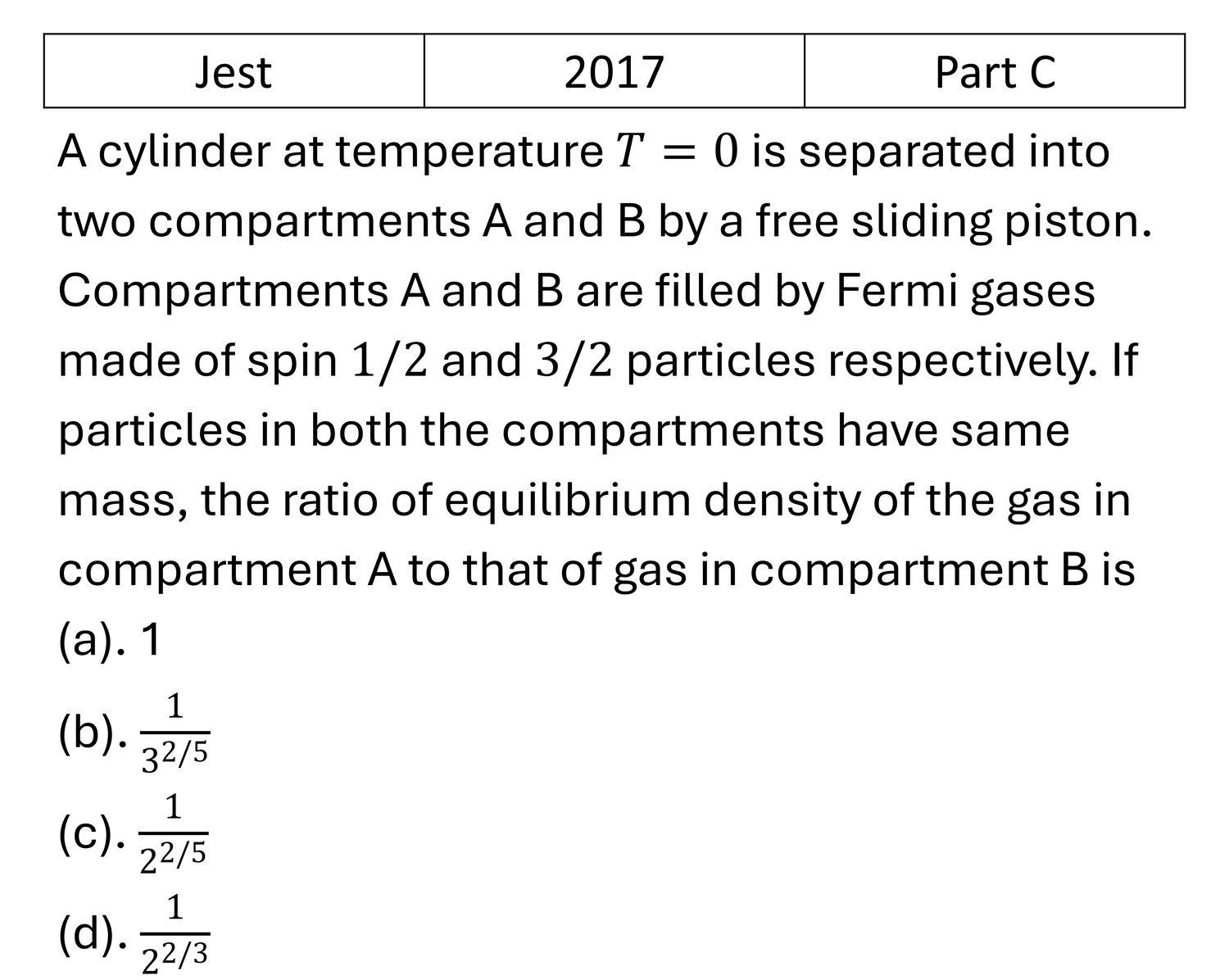 JEST 2017 Quantum Stat. Mech. previous year question JEST_2017_Q40