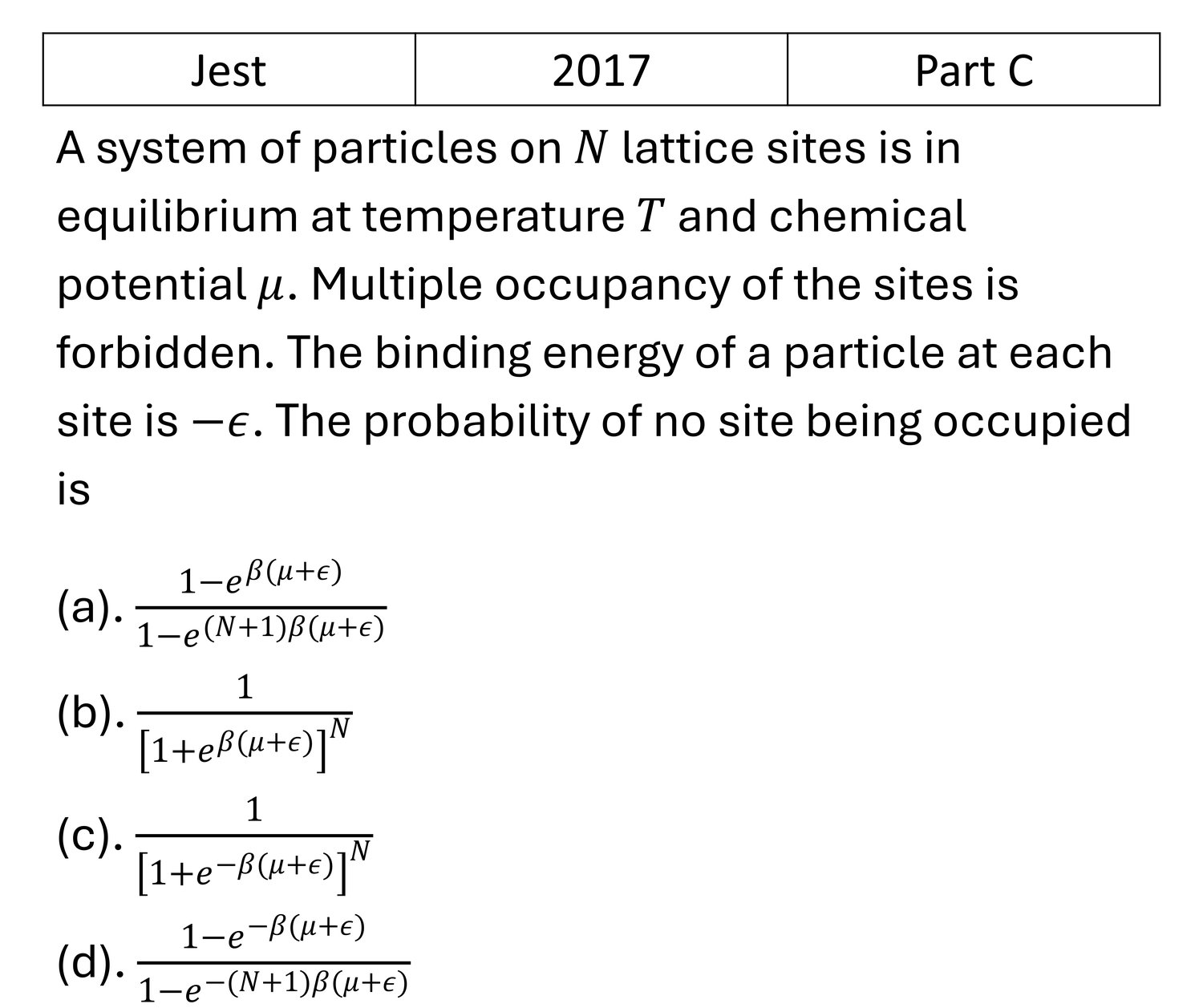 JEST 2017 Canonical Ensemble previous year question JEST_2017_Q49