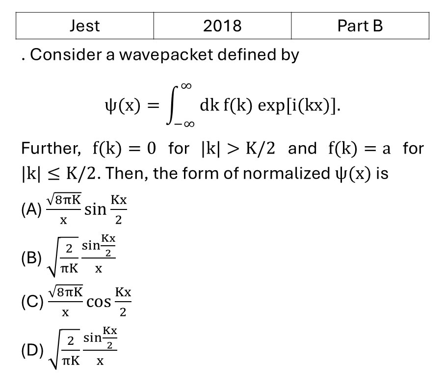 JEST 2018 Basic Quantum Mechanics previous year question JEST_2018_Q39