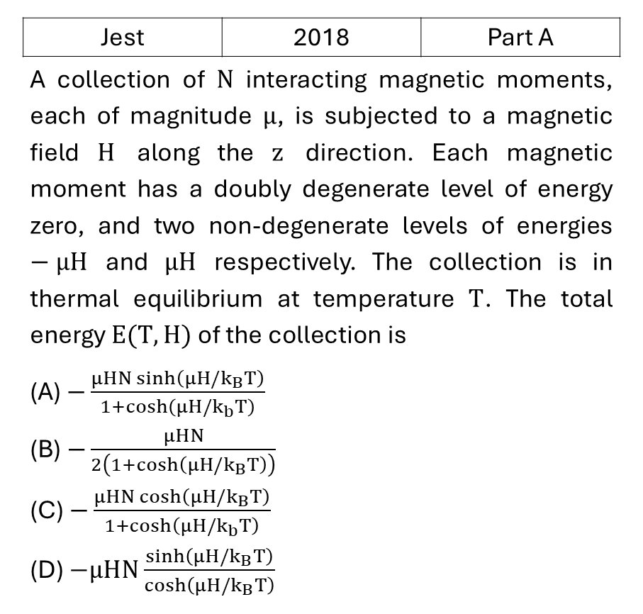 JEST 2018 Canonical Ensemble previous year question JEST_2018_Q6
