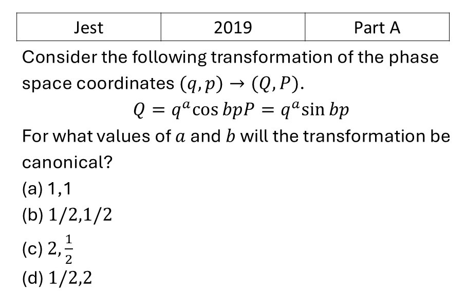 JEST 2019 Canonical transformation and poison brackett previous year question JEST_2019_Q18