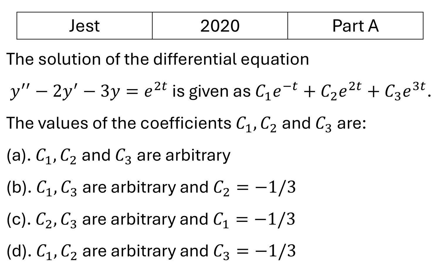 JEST 2020 Differential Equation previous year question JEST_2020_Q12