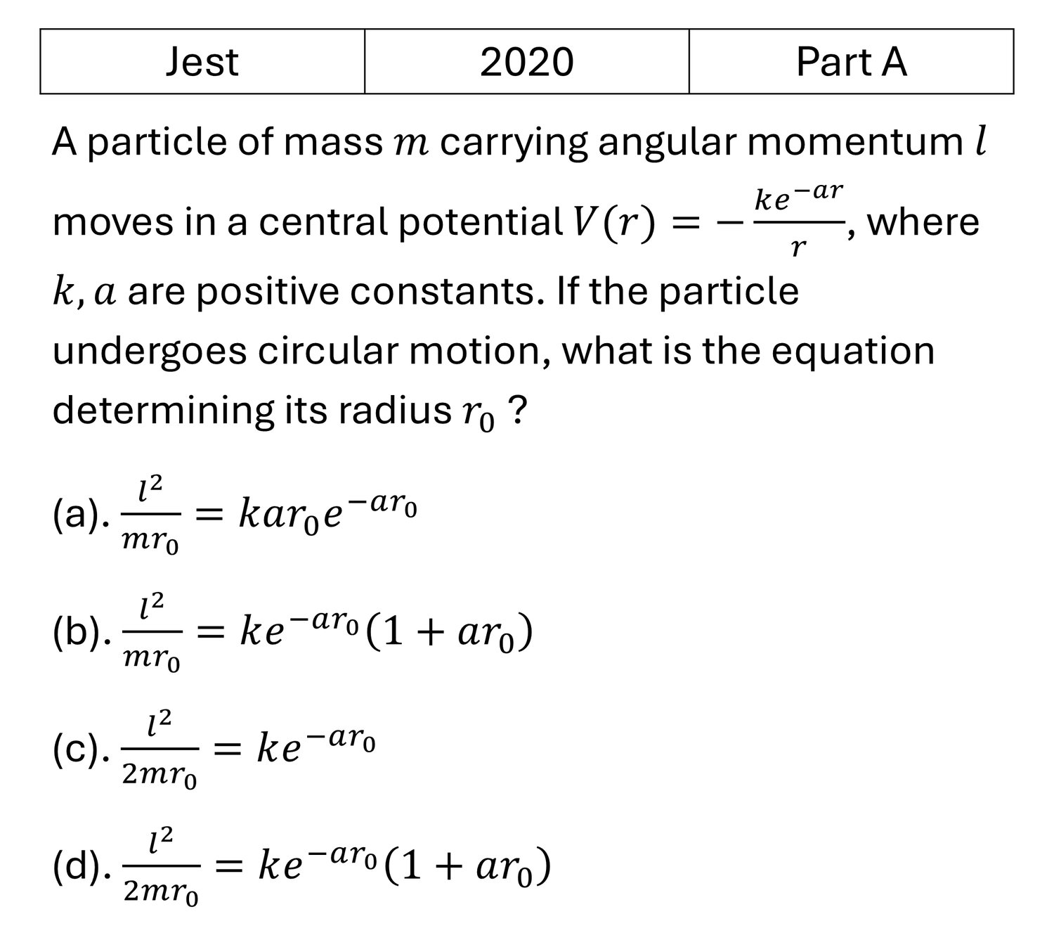 JEST 2020 Central Force and Gravitation previous year question JEST_2020_Q22