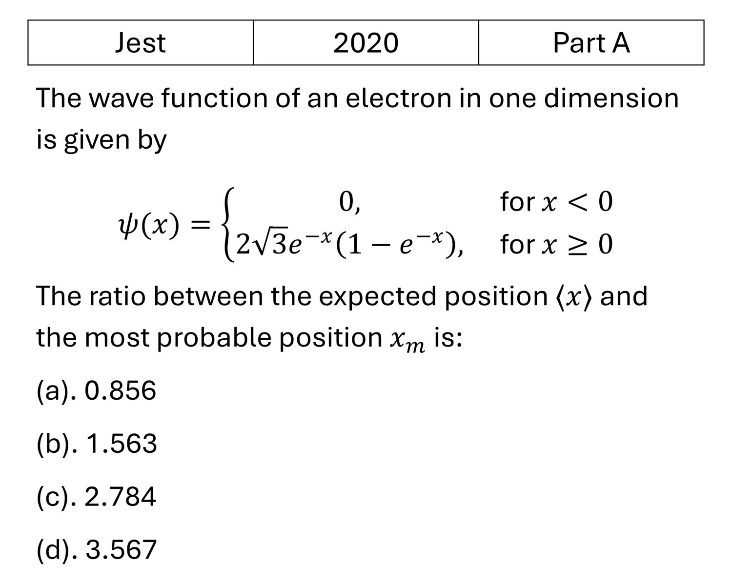 JEST 2020 Basic Quantum Mechanics previous year question JEST_2020_Q24