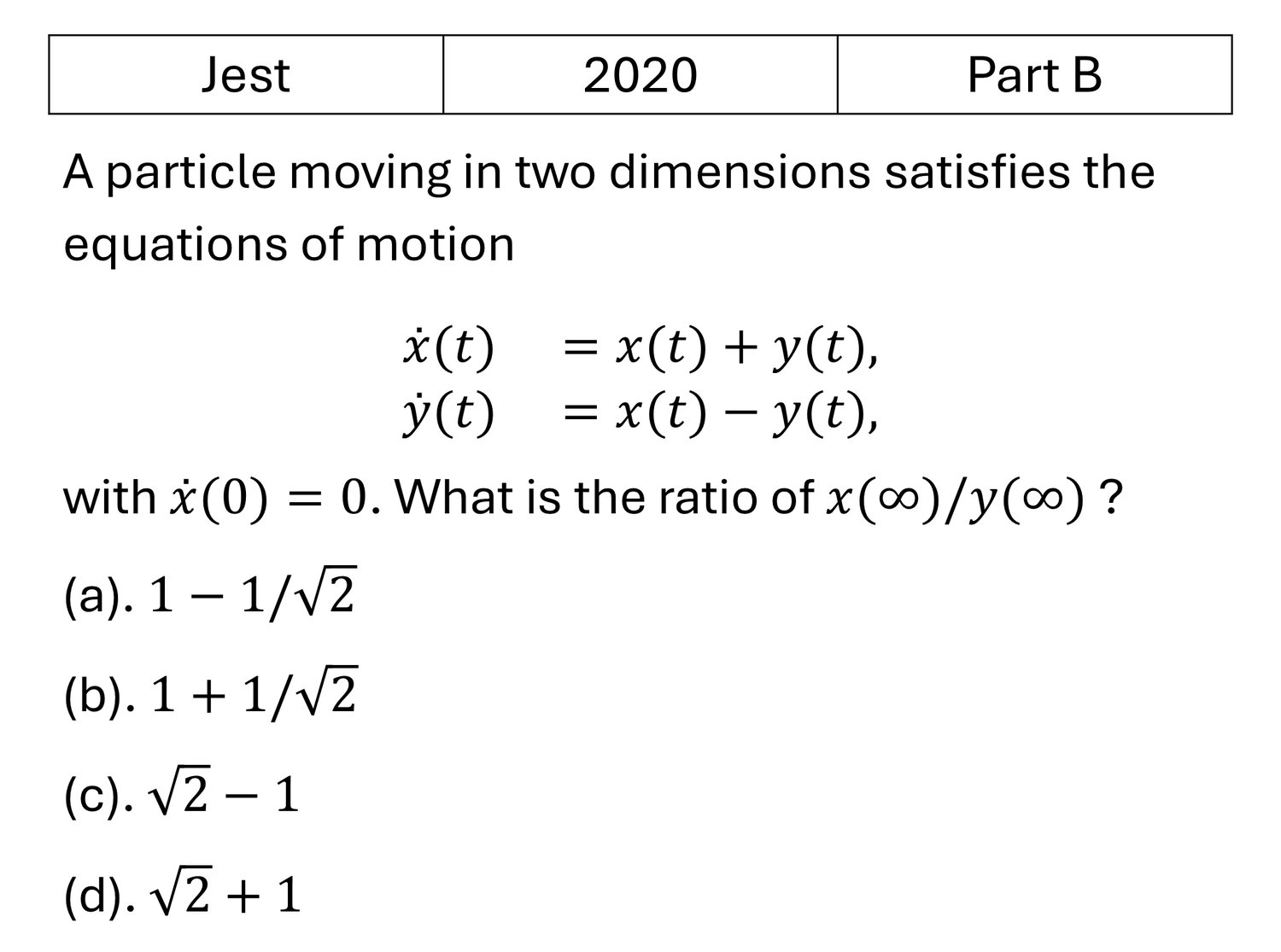 JEST 2020 Differential Equation previous year question JEST_2020_Q26
