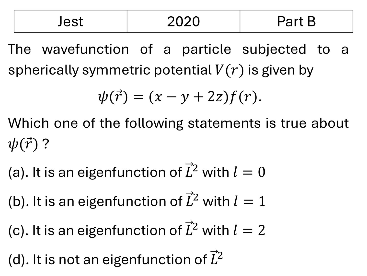 JEST 2020 Angular momentum and hydrogen atom previous year question JEST_2020_Q27