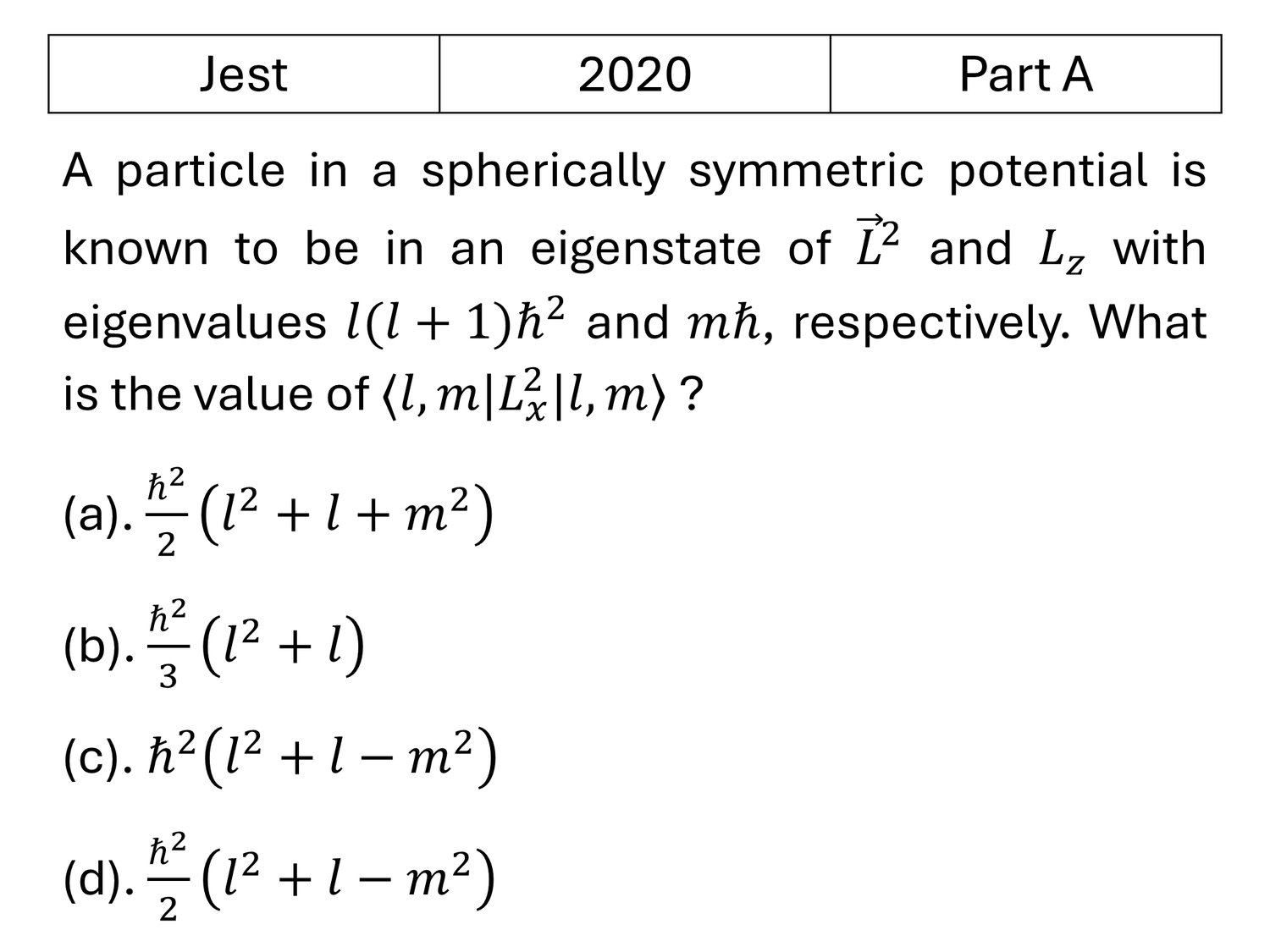 JEST 2020 Angular momentum and hydrogen atom previous year question JEST_2020_Q3