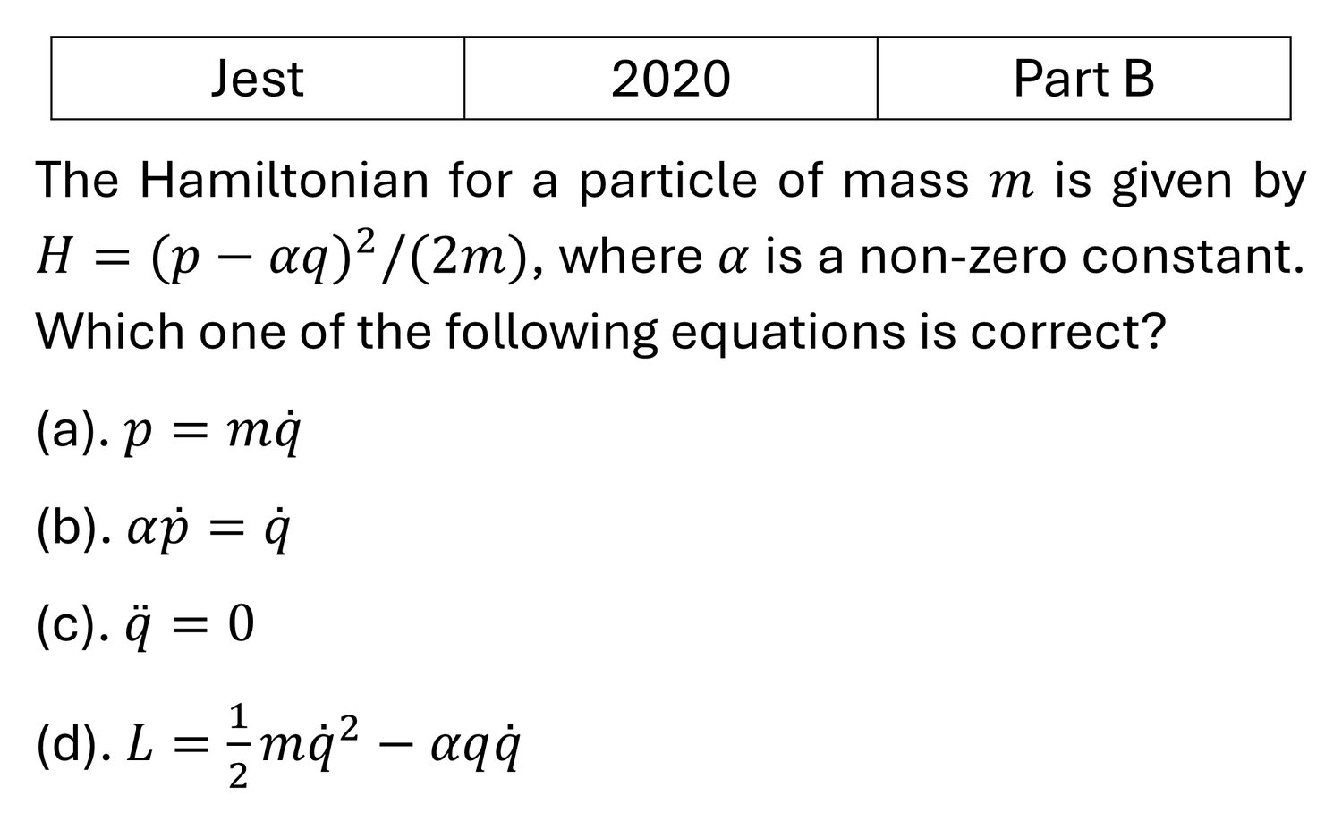 JEST 2020 Lagrangian and Hamiltonian previous year question JEST_2020_Q35