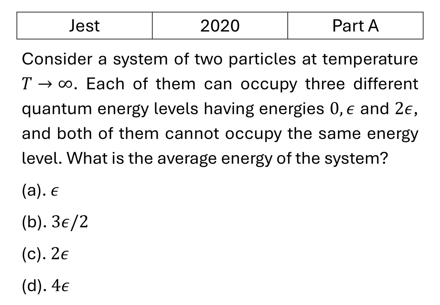 JEST 2020 Canonical Ensemble previous year question JEST_2020_Q4