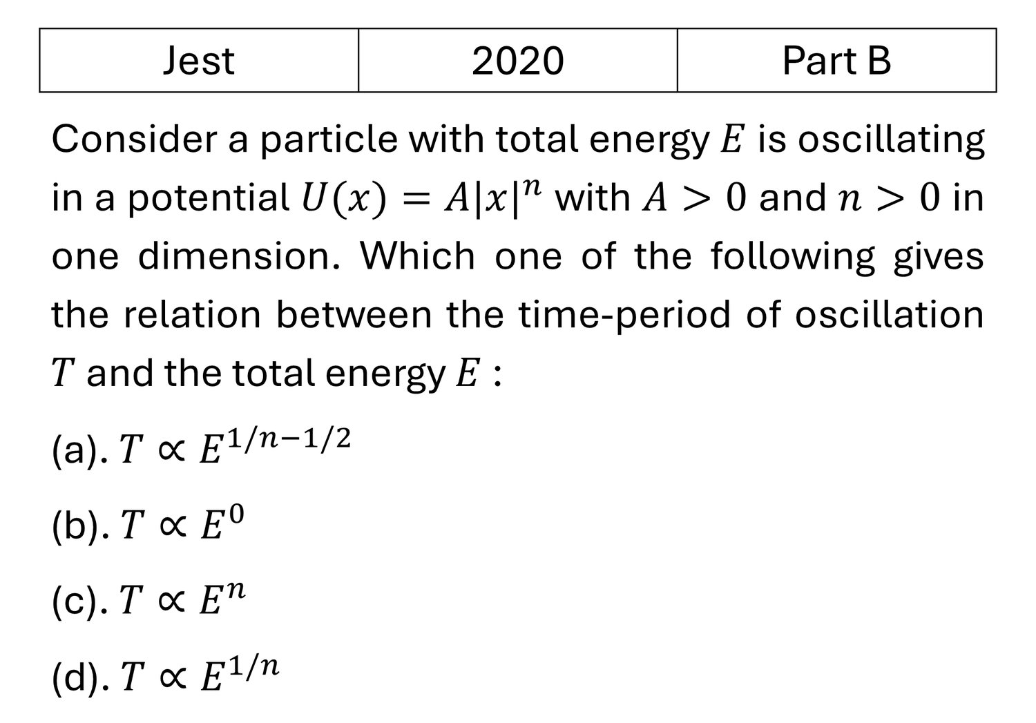 JEST 2020 Oscillations previous year question JEST_2020_Q40