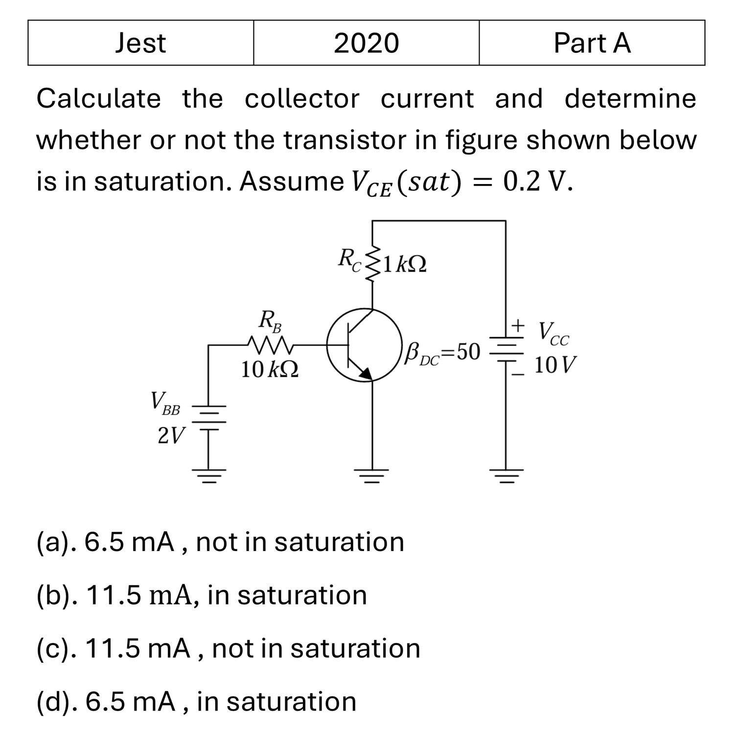 JEST 2020 Transistors previous year question JEST_2020_Q5