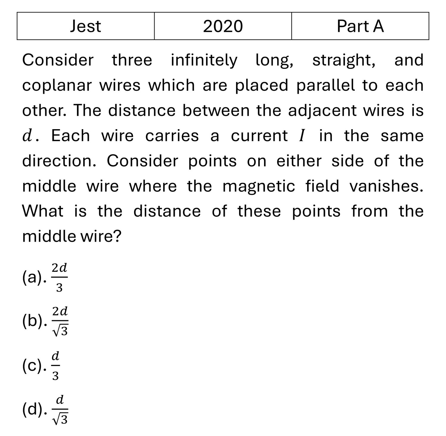 JEST 2020 Magnetostatics previous year question JEST_2020_Q9