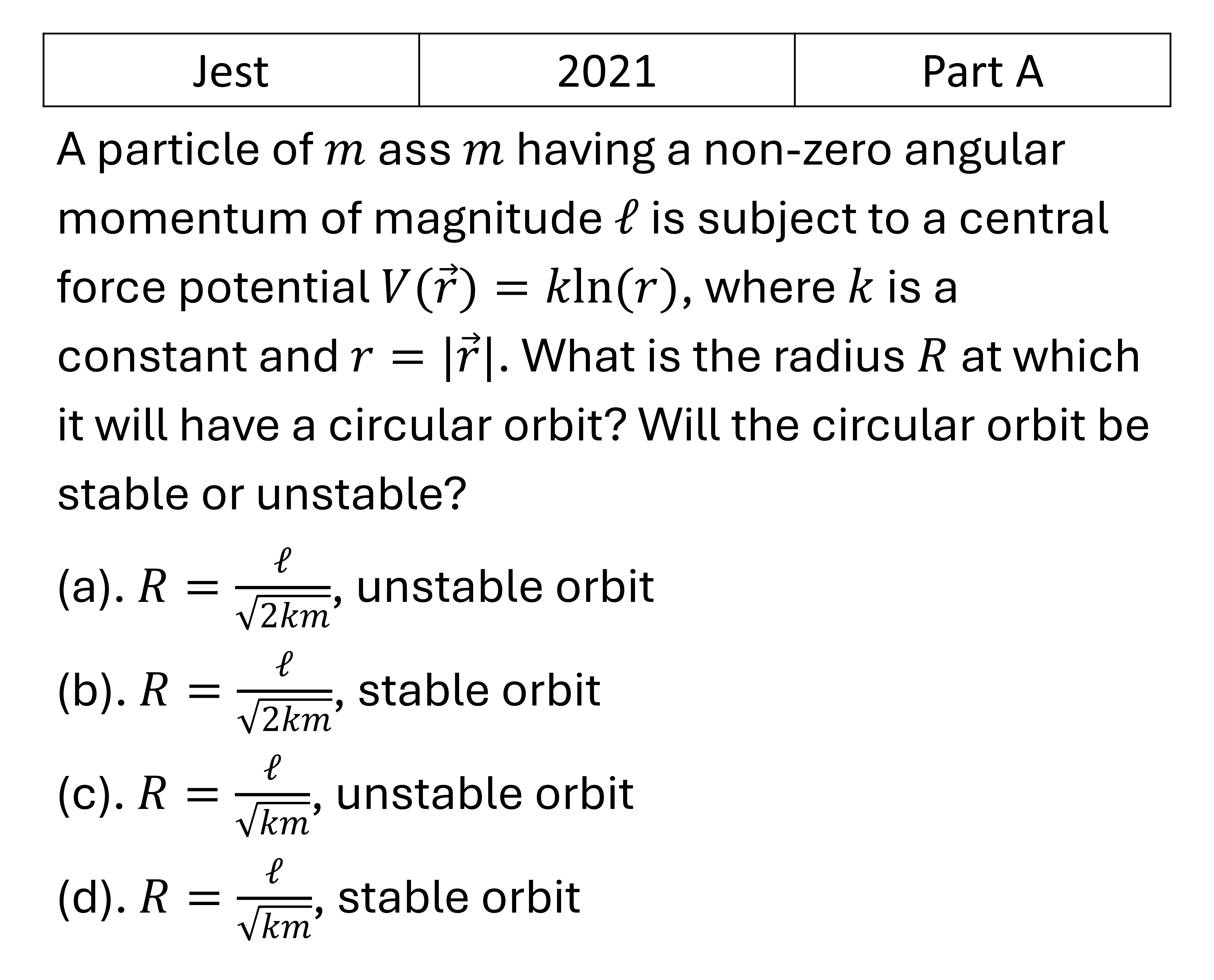JEST 2021 Central Force and Gravitation previous year question JEST_2021_Q18