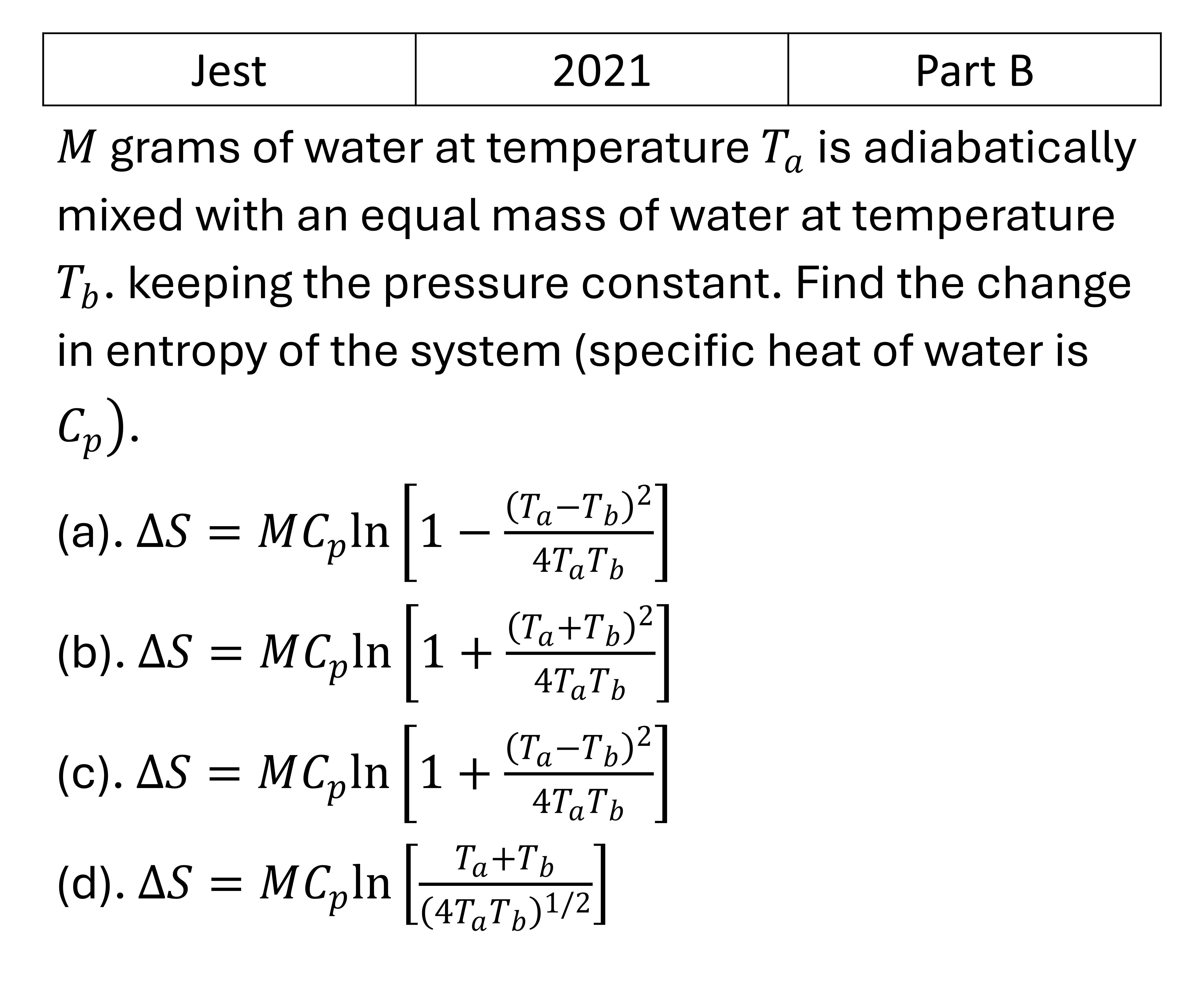 JEST 2021 Laws of thermodynamics previous year question JEST_2021_Q27