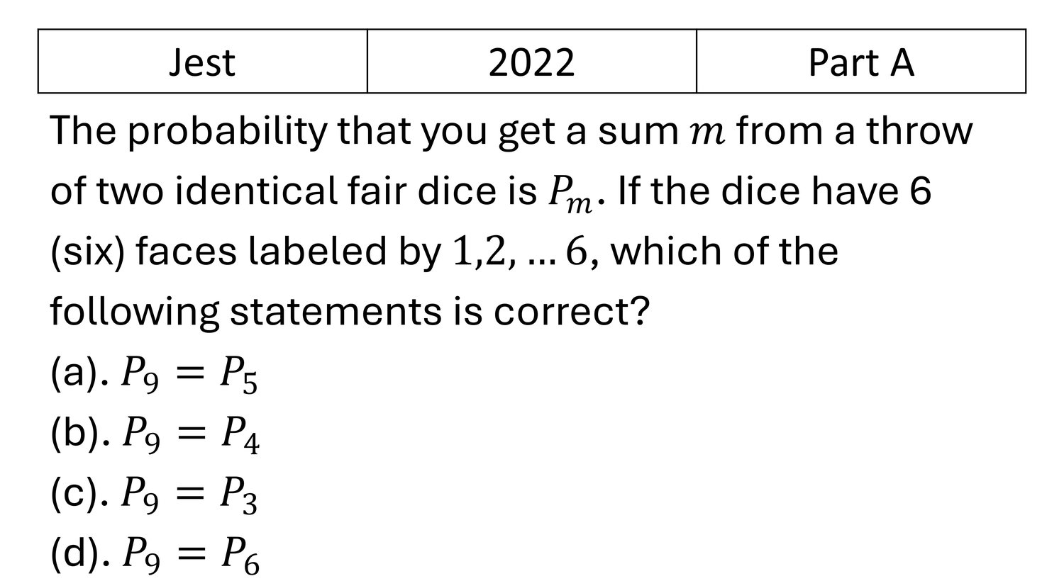 JEST 2022 Probability previous year question JEST_2022_Q2