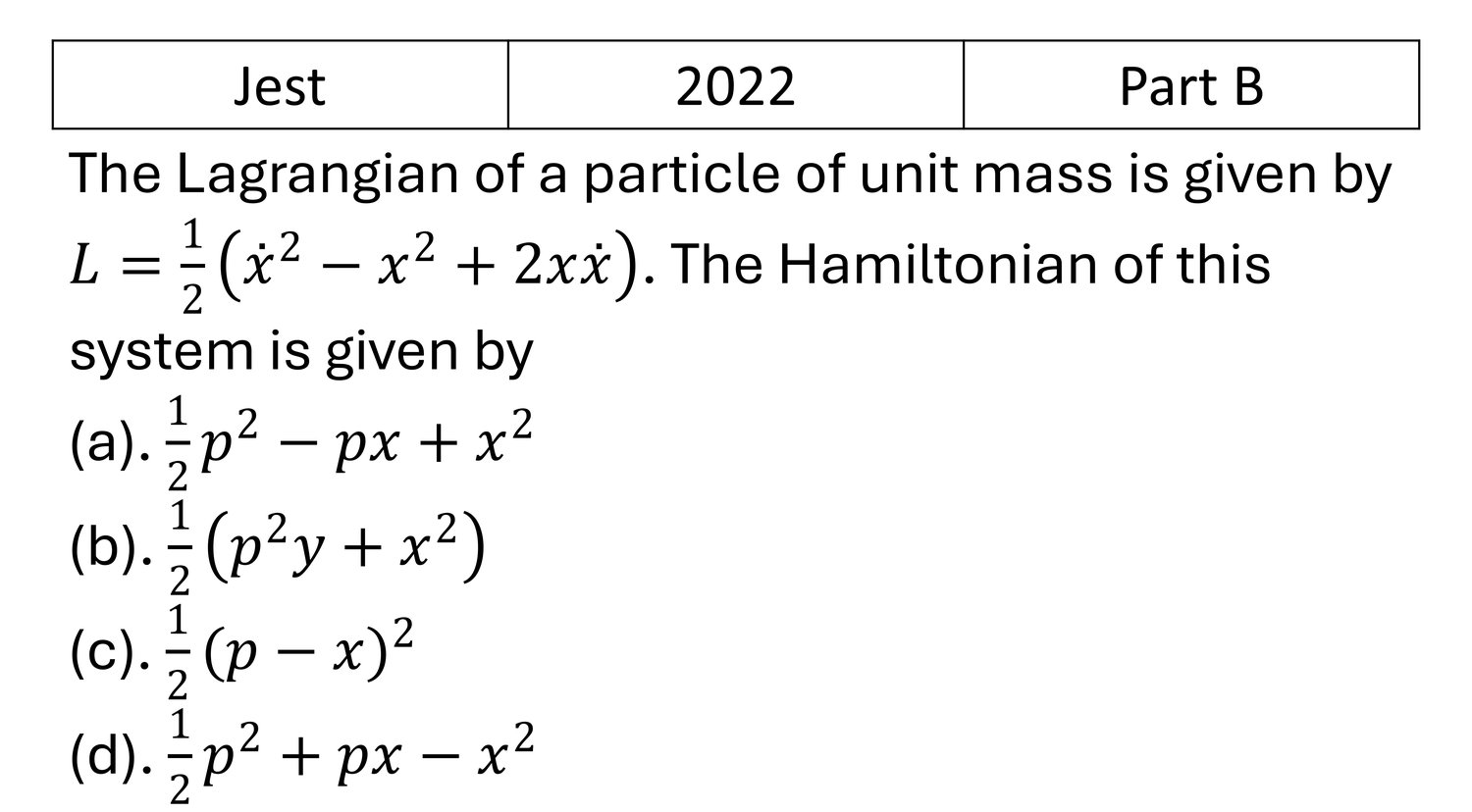 JEST 2022 Lagrangian and Hamiltonian previous year question JEST_2022_Q31