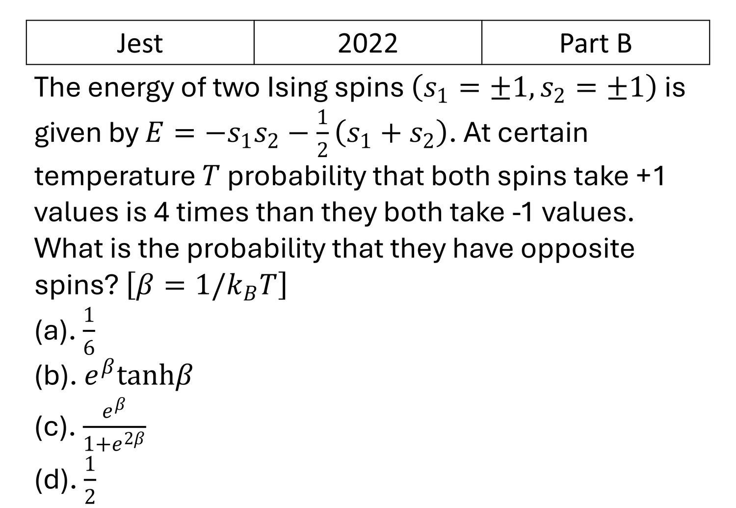 JEST 2022 Canonical Ensemble previous year question JEST_2022_Q32