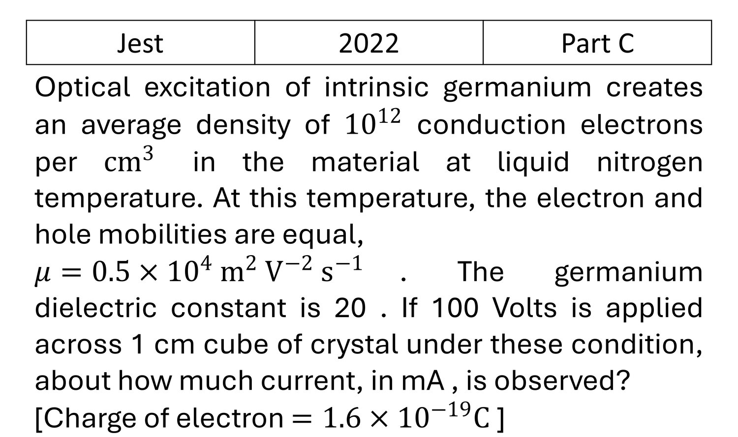 JEST 2022 Semiconductor Physics previous year question JEST_2022_Q43